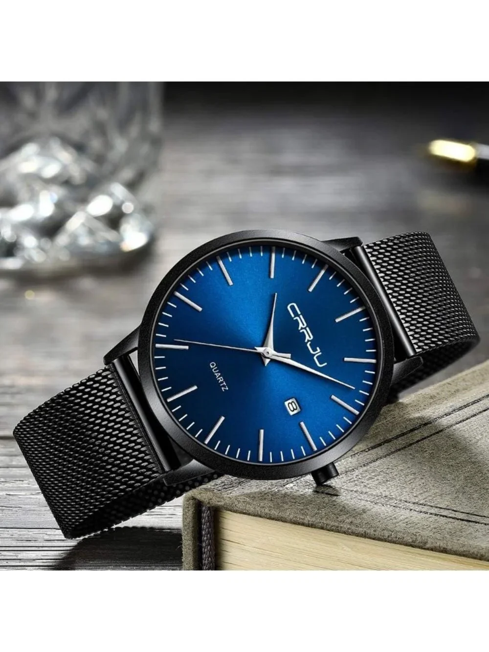 Men's Silver Blue Minimalist Luxury Quartz Stainless Steel Band Classic Watch